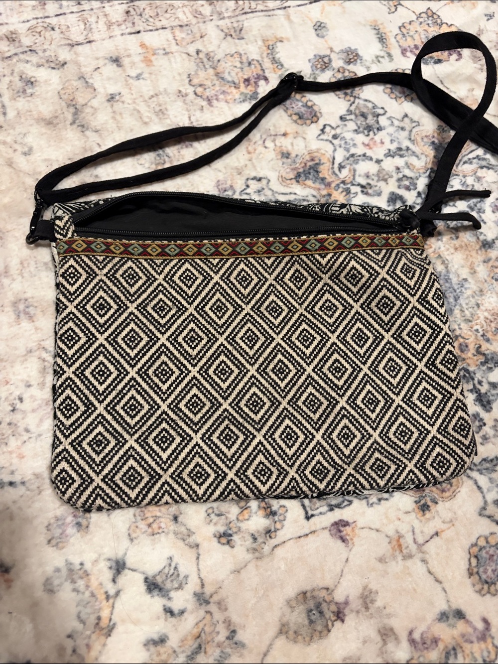 Volcom Black & Cream Diamond-Pattern Crossbody Bag with Woven Trim